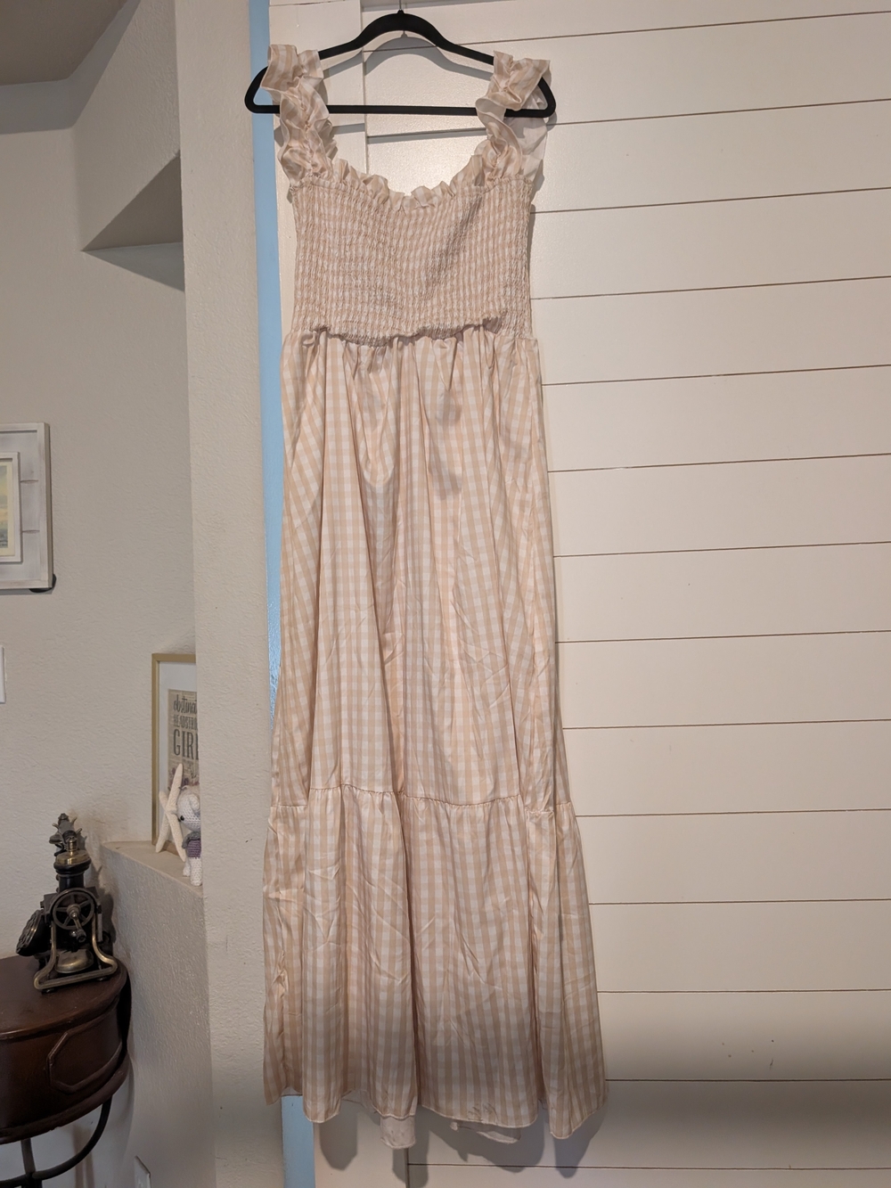 Cream Gingham Smocked Maxi Dress- XL